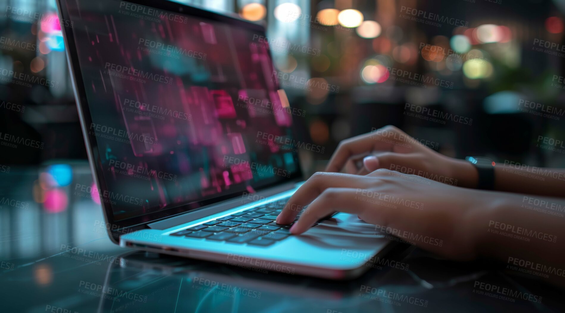 Buy stock photo Hands, laptop and futuristic pattern of matrix for coding, network or digital texture on screen in 3d. Database, IT or software with programming for data protection, cyber security or cloud computing