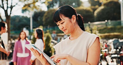 Buy stock photo Japanese woman, city and smile with tablet for online networking, reading ebook or travel location search. Happy, person and digital app for destination research, web information or streaming service