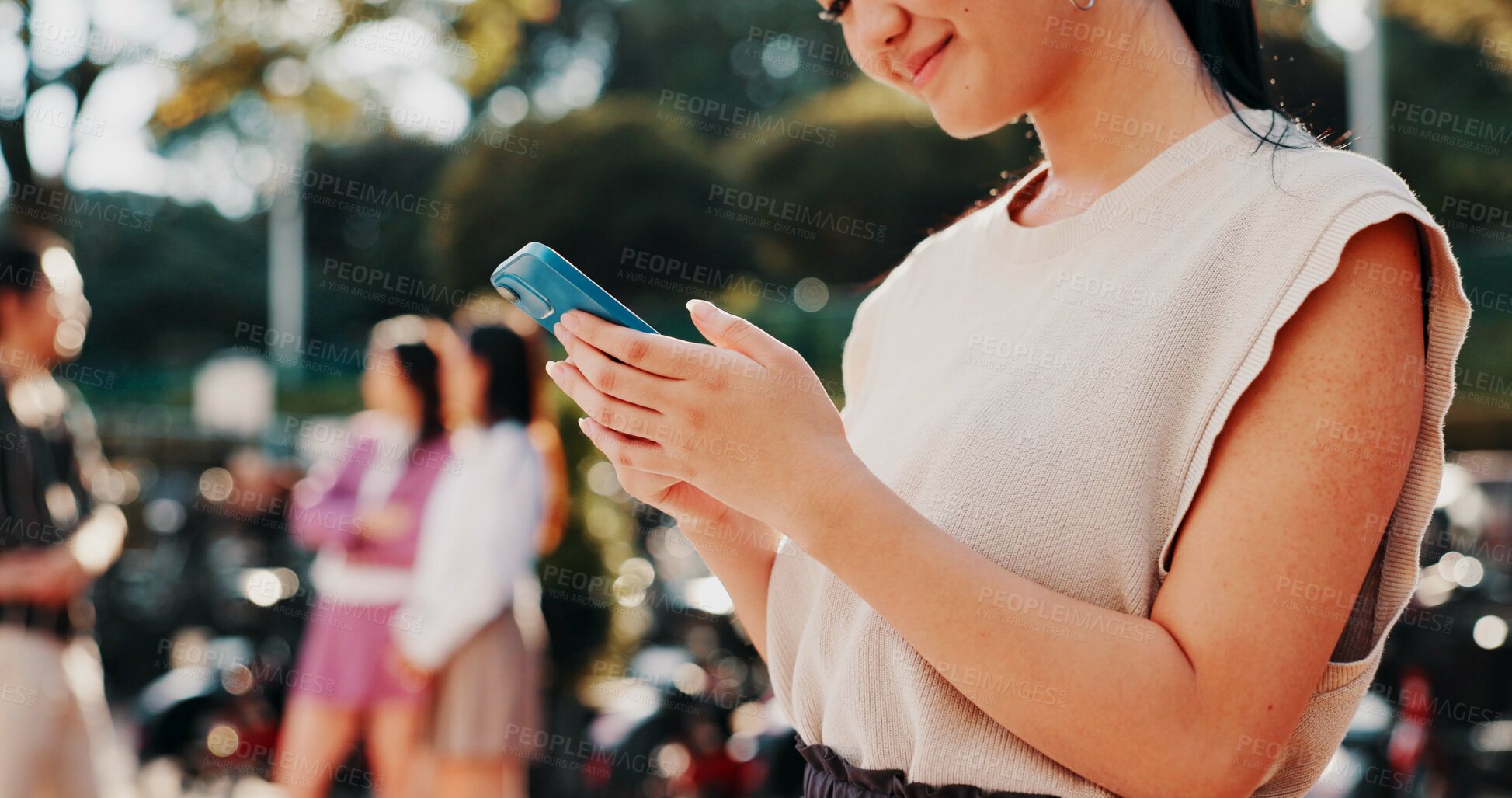 Buy stock photo City, travel and hands of Asian woman with phone for communication, social media and networking. Happy, weekend and person on smartphone for online chatting, mobile app text and outdoor in Japan