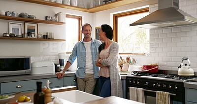 Buy stock photo Happy, couple and relax by talking in kitchen for communication, morning chat and bonding together. Smile, people and laughing for funny joke with support, discussion and marriage commitment at house