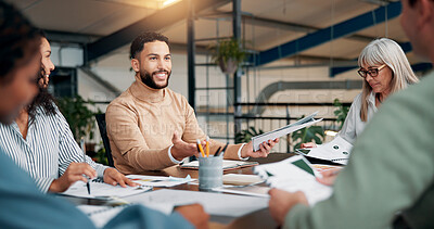 Buy stock photo Portfolio, happy or designers talking in meeting for creative project, startup or feedback. Review, interior design paperwork and people with teamwork for brainstorming, planning or collaboration