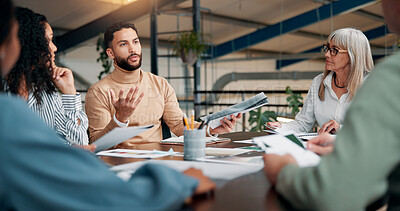 Buy stock photo Portfolio, planning or designers talking in meeting for creative project, startup or feedback. Review, interior design paperwork and people with teamwork for brainstorming, ideas or collaboration