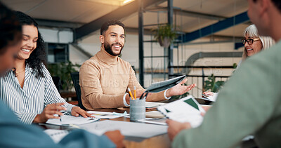 Buy stock photo Portfolio, happy or designers in meeting for creative project, startup or feedback in agency. Review, interior design paperwork and people with teamwork for brainstorming, planning or collaboration