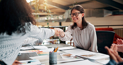 Buy stock photo Interior designer, people or handshake with partnership in office for renovation contract, deal or b2b onboarding. Applause, documents or client with celebration for design proposal approval or offer
