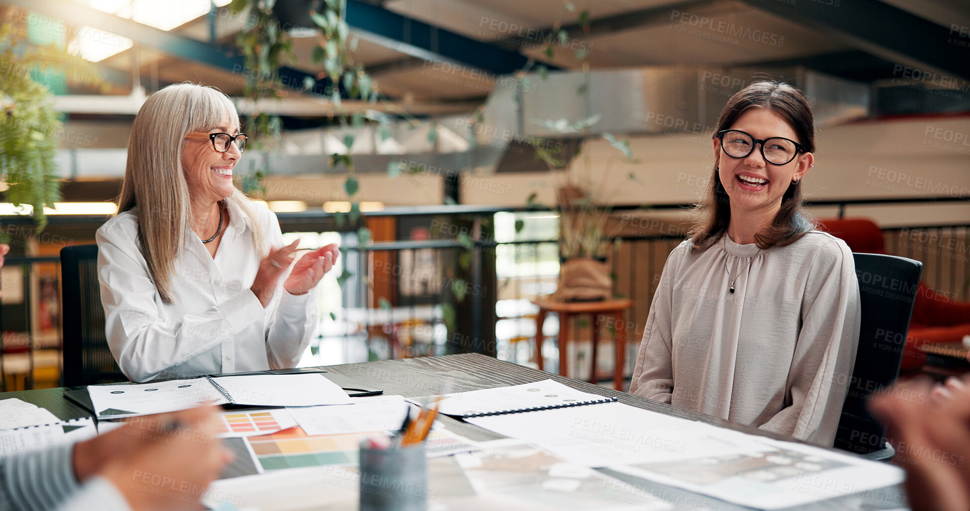 Buy stock photo Creative, happy and business people with applause in meeting for success, promotion and victory. Office, professional and workers celebrate for teamwork, project collaboration and congratulations