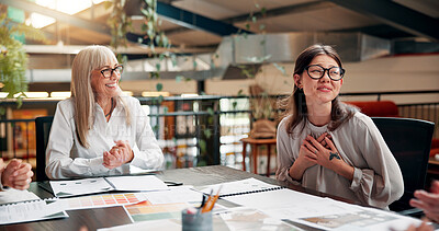 Buy stock photo Success, achievement and support with business people in meeting for promotion, congratulations and project advisor. Good news, bonus and applause for woman in office for teamwork, winner and profit