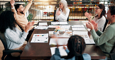 Buy stock photo Creative, meeting and business people with documents and applause for success, achievement and victory. Office, startup and workers celebrate for teamwork, project collaboration and congratulations