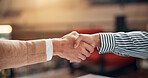 Handshake, business people with deal or agreement, trust or support with team mission in office. Partnership, collaboration or success with achievement, shaking hands for solidarity and gesture 