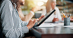 Business woman, hands and scroll on tablet in meeting for app development update, brand design research and notes. Web designer, people and digital technology at creative agency for campaign planning