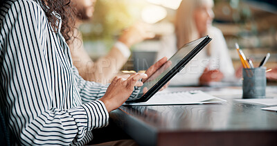 Buy stock photo Business woman, hands and scroll on tablet in meeting for app development update, brand design research and notes. Web designer, people and digital technology at creative agency for campaign planning