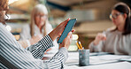 Creative, hands and meeting with phone in office for email marketing, SEO tools or digital collaboration with notification. Business person, check website traffic or social media insight with team 