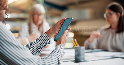 Buy stock photo Creative, hands and meeting with phone in office for email marketing, SEO tools or digital collaboration with notification. Business person, check website traffic or social media insight with team 