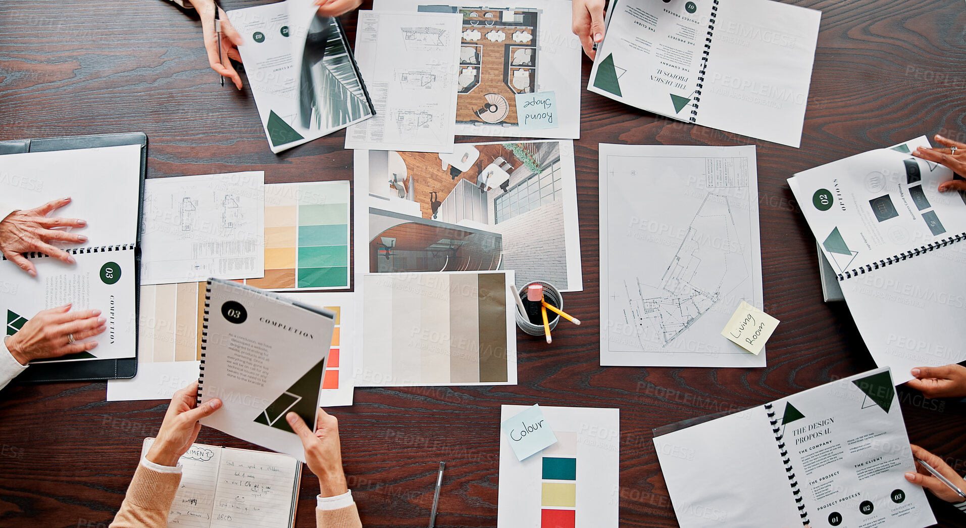 Buy stock photo Planning, creative and above of business people in meeting for project ideas, research and discussion. Design agency, office and workers with paperwork for teamwork, collaboration and brand strategy
