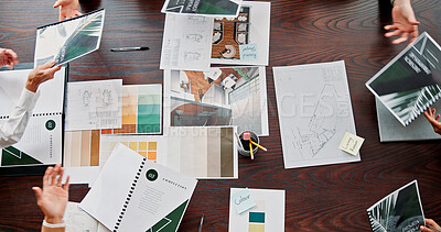 Buy stock photo Interior design, creative and above of business people in meeting for project ideas, research and discussion. Table, office and workers with portfolio for teamwork, collaboration and color pallete