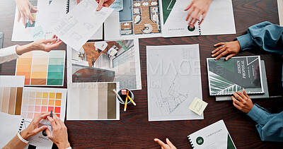 Buy stock photo Paperwork, creative and above of business people in meeting for project ideas, research and discussion. Interior design agency, office and workers for teamwork, collaboration and color palette
