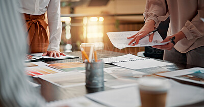 Buy stock photo Documents, design team and hands of business people in meeting for project ideas, research and discussion. Creative, office and workers with paperwork for planning, collaboration and brand strategy