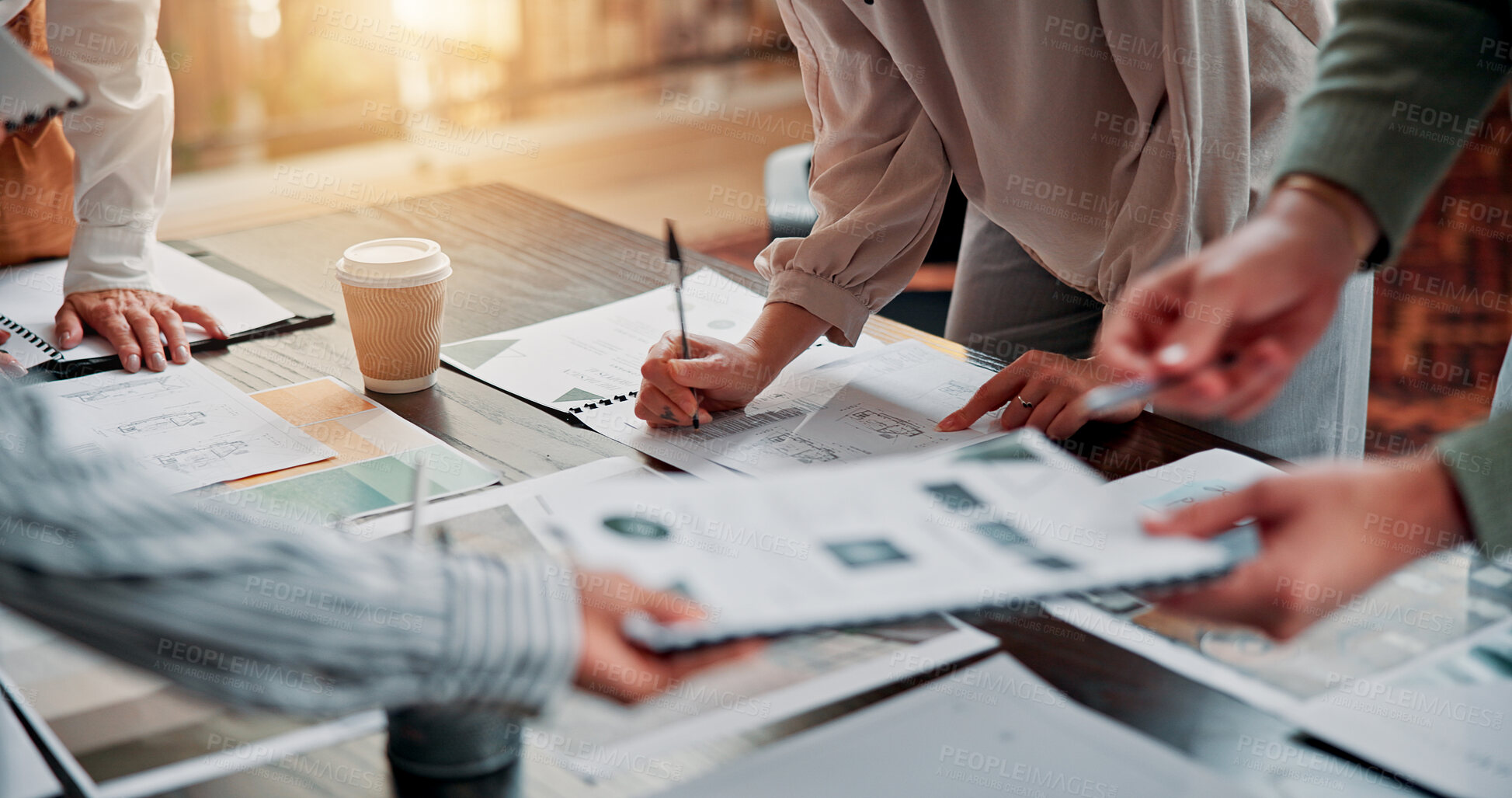 Buy stock photo Meeting, writing and documents with hands of business people for interior designer, moodboard layout and teamwork. Color swatch panel, brainstorming and creative project with employees for blueprint