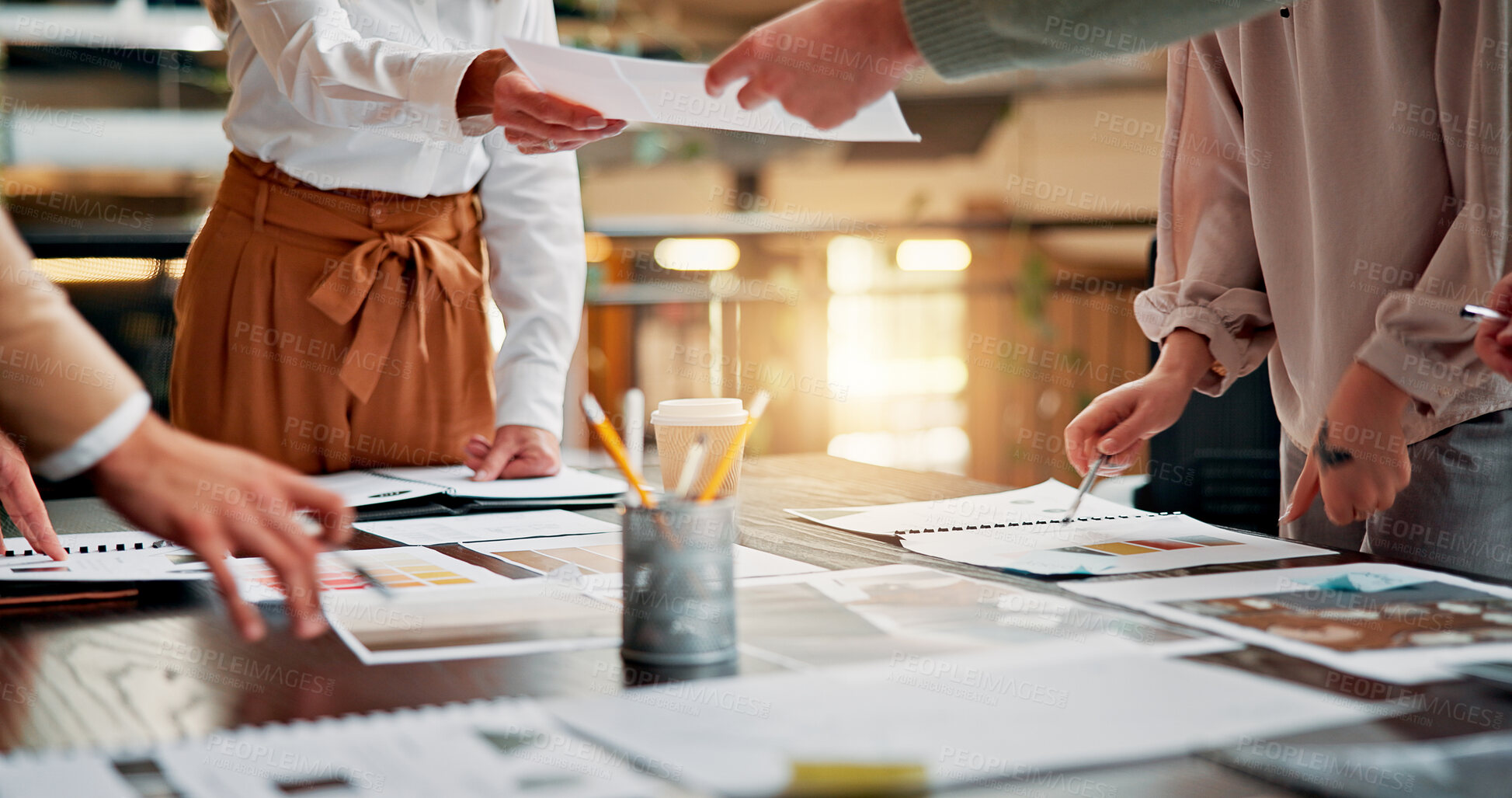 Buy stock photo Meeting, teamwork and documents with hands of business people for interior designer, moodboard layout and planning. Color swatch panel, brainstorming and creative project with employees for paperwork