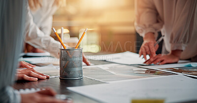 Buy stock photo Meeting, creative and documents with hands of business people for interior designer, moodboard layout and planning. Renovation process, brainstorming and team project with employees for paperwork