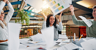 Buy stock photo Documents, throw and success with business people in meeting for design deal, project profit or celebration. Achievement, teamwork or paperwork with employees in creative agency for growth target
