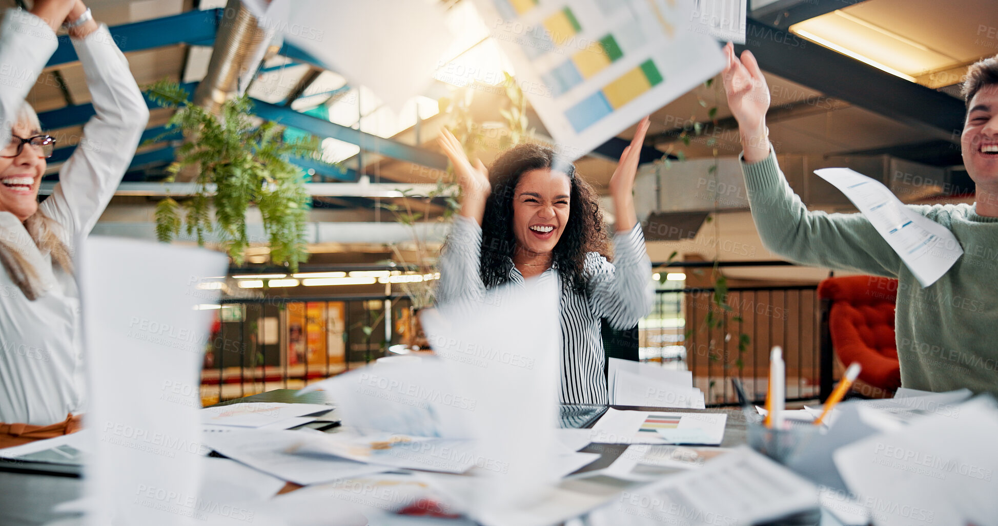 Buy stock photo Documents, throw and success with business people in meeting for design deal, project profit or celebration. Achievement, teamwork or paperwork with employees in creative agency for growth target