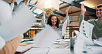 Documents, throw and celebration with business people in meeting for design deal, project profit or success. Achievement, teamwork or paperwork with employees in creative agency for growth target