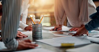 Buy stock photo Planning, creative and hands of business people in meeting for project ideas, research and discussion. Design agency, office and workers with paperwork for teamwork, collaboration and brand strategy