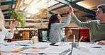 Creative office, meeting and happy business people with high five for success, achievement and victory. Design agency, startup and workers celebrate for teamwork, project collaboration and good news