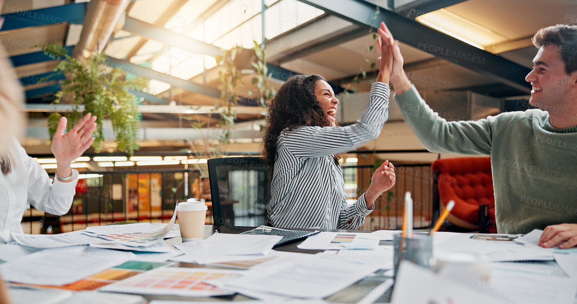 Buy stock photo Creative office, meeting and happy business people with high five for success, achievement and victory. Design agency, startup and workers celebrate for teamwork, project collaboration and good news