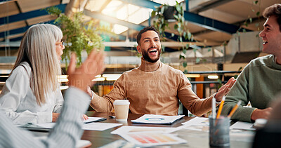 Buy stock photo Happy, meeting and business people with applause in office for success, achievement and victory. Creative agency, startup and workers celebrate for teamwork, project collaboration and congratulations
