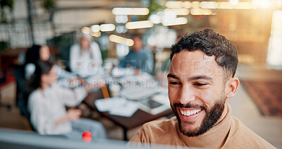 Buy stock photo Brainstorming, writing and man with board, creative and brand specialist with ideas, smile and project. Business, teamwork and people with strategy for target audience, trends and notes for workshop