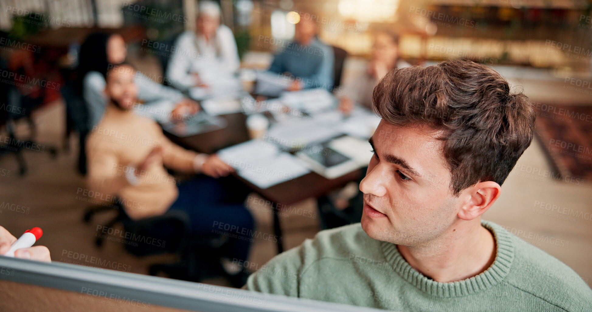 Buy stock photo Brainstorming, writing and man with board, meeting and brand specialist with ideas, serious and project. Business, teamwork and people with strategy for target audience, trends and notes for workshop