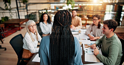 Buy stock photo Brainstorming, speaker and woman in boardroom, teamwork and brand specialist with ideas for project. Business, back and people with strategy for target audience, trends and speech for workshop