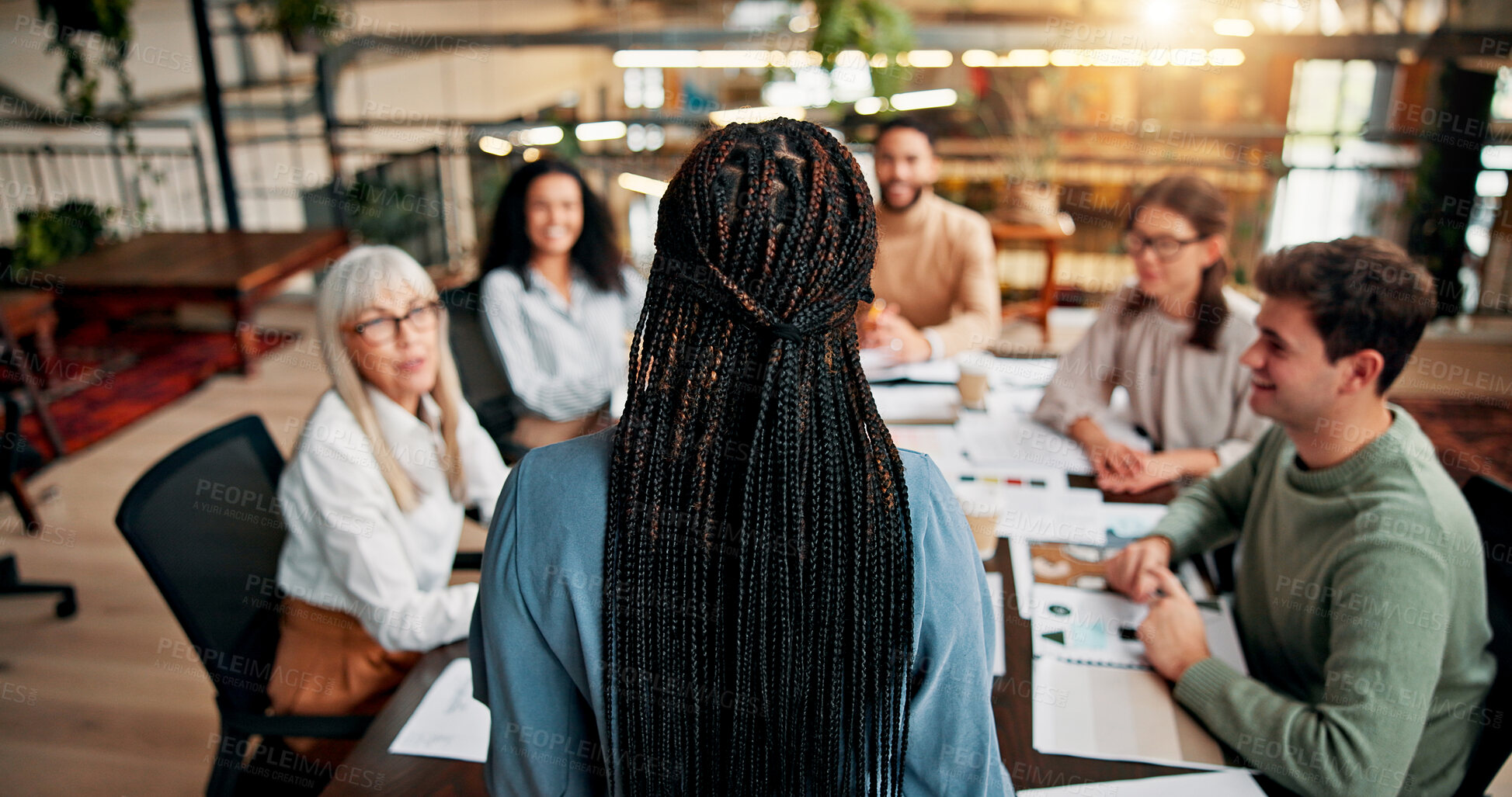 Buy stock photo Brainstorming, speaker and woman in boardroom, teamwork and brand specialist with ideas for project. Business, back and people with strategy for target audience, trends and speech for workshop