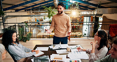 Buy stock photo Presentation, speaker and business people in office with documents for planning creative project. Feedback, meeting and team of magazine editors in discussion with paperwork review for publishing.