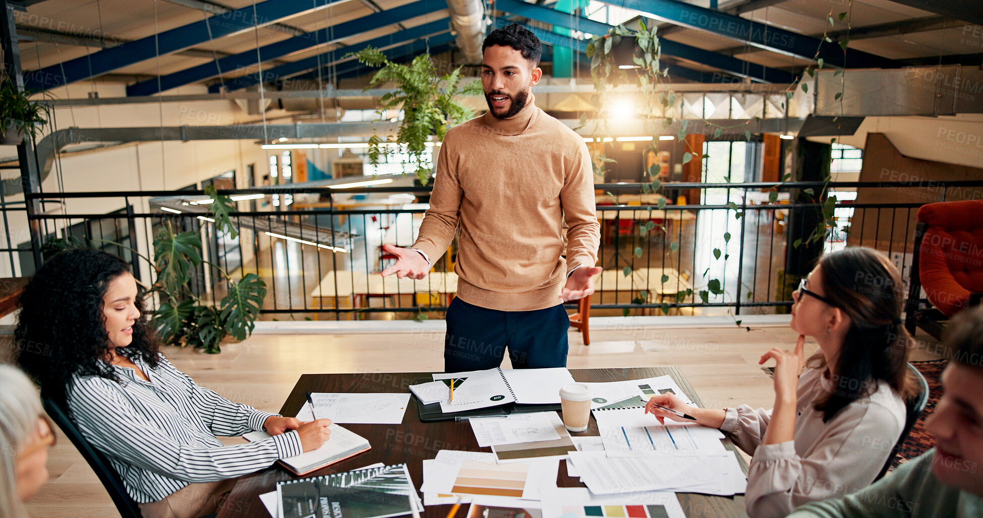 Buy stock photo Presentation, speaker and business people in office with documents for planning creative project. Feedback, meeting and team of magazine editors in discussion with paperwork review for publishing.