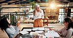 Creative paperwork, women and applause in meeting for marketing campaign success, KPI goals and achievement. Design agency, above and team clapping hands for branding approval and project good news