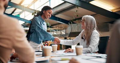 Buy stock photo Happy, colleagues and handshake for meeting, creative and recognition for design in boardroom and team. Congratulations, boss and shaking hands with employee for project, graphic designer and people