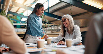 Buy stock photo Laughing, colleagues and women in meeting, handshake and recognition for design in boardroom and team. Congratulations, boss and shaking hands with employee for project, graphic designer and people