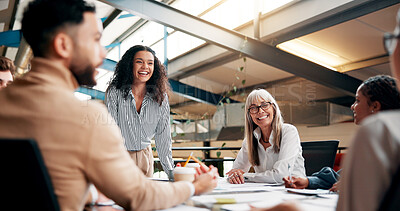 Buy stock photo Brainstorming, speaker and woman in boardroom, laughing and brand specialist with ideas for project. Business, creative and people with strategy for target audience, trends and speech for workshop