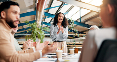 Buy stock photo Applause, laughing and group with success, boardroom and celebration for achievement in meeting or team. Creative, clapping and proud of positive feedback for project, happiness or people in business