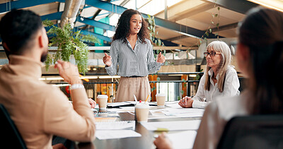 Buy stock photo Ideas, speaker and woman in boardroom, creative and brand specialist with project or brainstorming. Business, teamwork and people with strategy for target audience, trends and speech for workshop