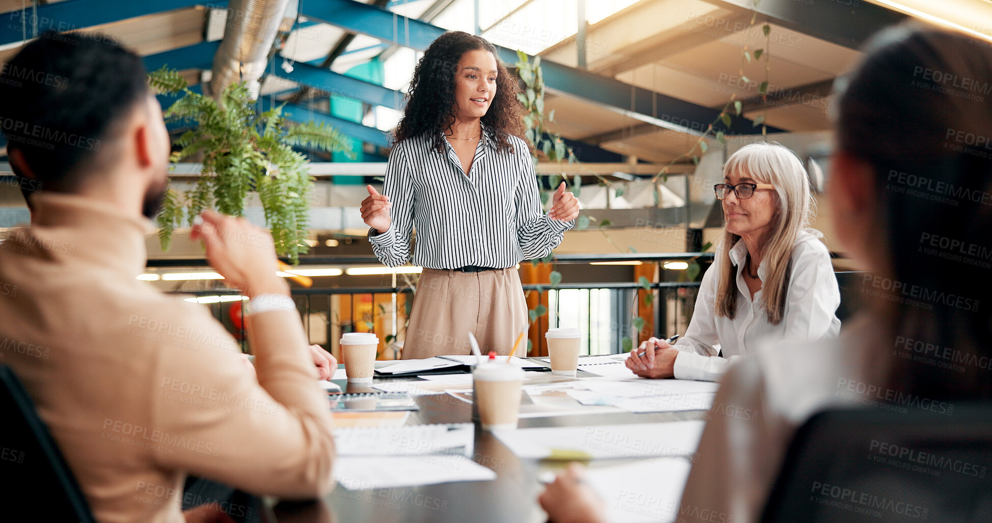 Buy stock photo Ideas, speaker and woman in boardroom, creative and brand specialist with project or brainstorming. Business, teamwork and people with strategy for target audience, trends and speech for workshop