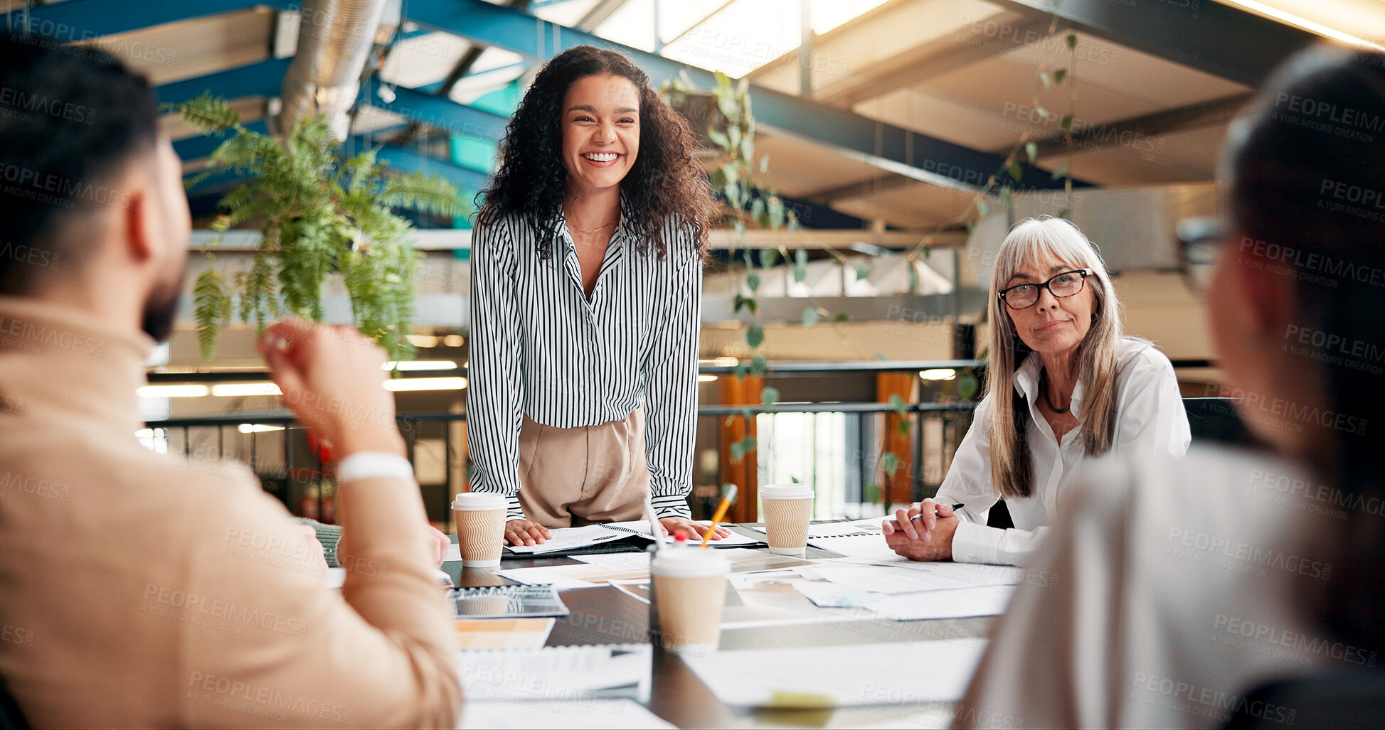 Buy stock photo Presentation, colleagues and woman with smile, ideas and planning for proposal in creative company. Business, speaker and brainstorming for article in boardroom, people and happy for journalism