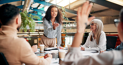 Buy stock photo Presentation, questions and woman with smile, ideas and planning for project, media or creative company. Business, reporter and brainstorming for article in boardroom, people and journalism.