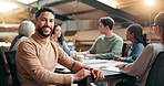 Portrait, meeting and planning with business man in office for creative startup, discussion and Interior designer. Collaboration, project advisor and workshop with employee in renovation agency