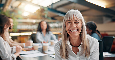 Buy stock photo Portrait, meeting and mature with business woman in office for creative startup, discussion and interior designer. Collaboration, project advisor and workshop with employee in renovation agency