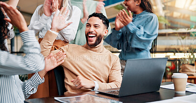 Buy stock photo High five, success and business man with collaboration for winning, bonus or creative proposal approval. Excited, people and laptop for applause, support and celebration for team funding at startup