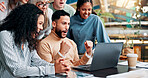 Fist pump, success and business man with collaboration for winning, bonus or creative proposal approval. Excited, people and laptop with happiness, cheers and celebration for team funding at startup
