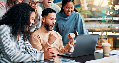 Buy stock photo Fist pump, success and business man with collaboration for winning, bonus or creative proposal approval. Excited, people and laptop with happiness, cheers and celebration for team funding at startup